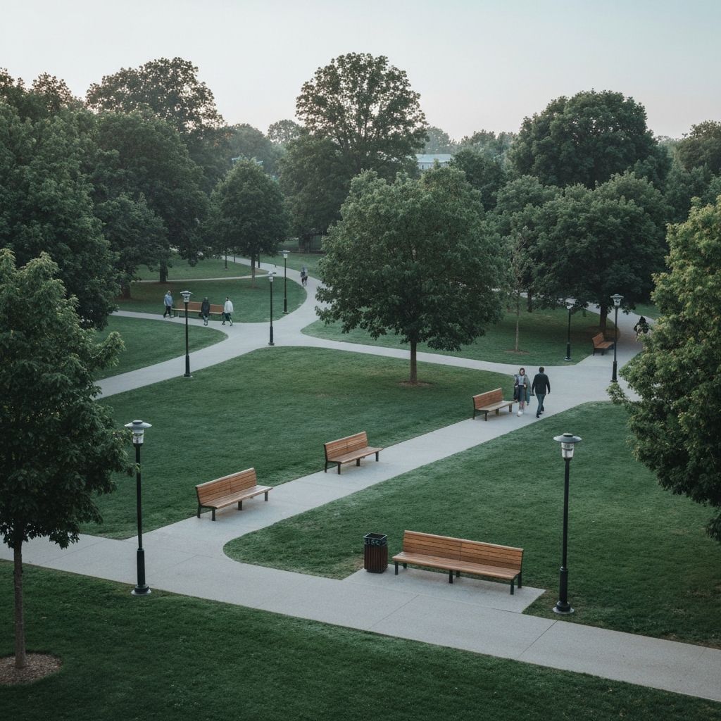 Peaceful urban park with walking paths representing everyday lifestyle environments